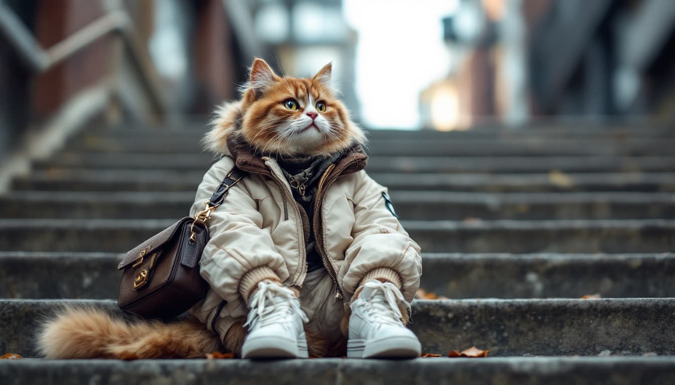 AI generated: anthropomorphic, a cat named ”street style KOL kitty” wearing dark off-white flight jacket and cream...