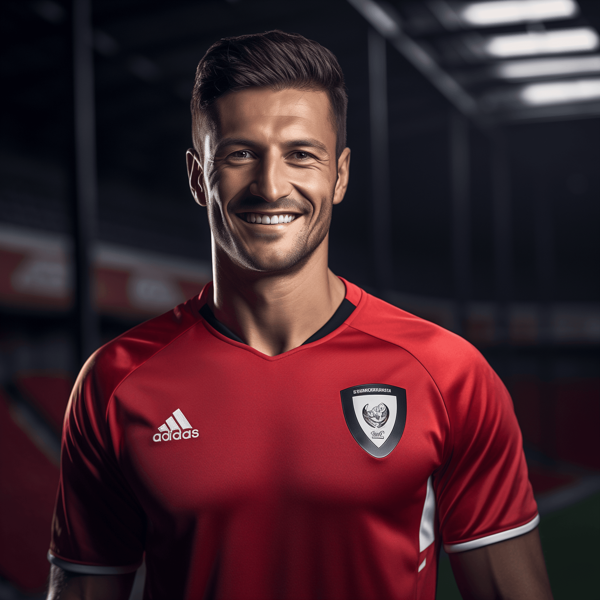 AI generated: Albanian soccer player, dressed in albania's team soccer uniform, soccer ball, smiling, football pit...