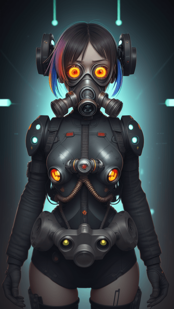 AI generated: in a complex background portrait of little cyborg woman. Wearing a gas mask. Prominent eyes, complex...