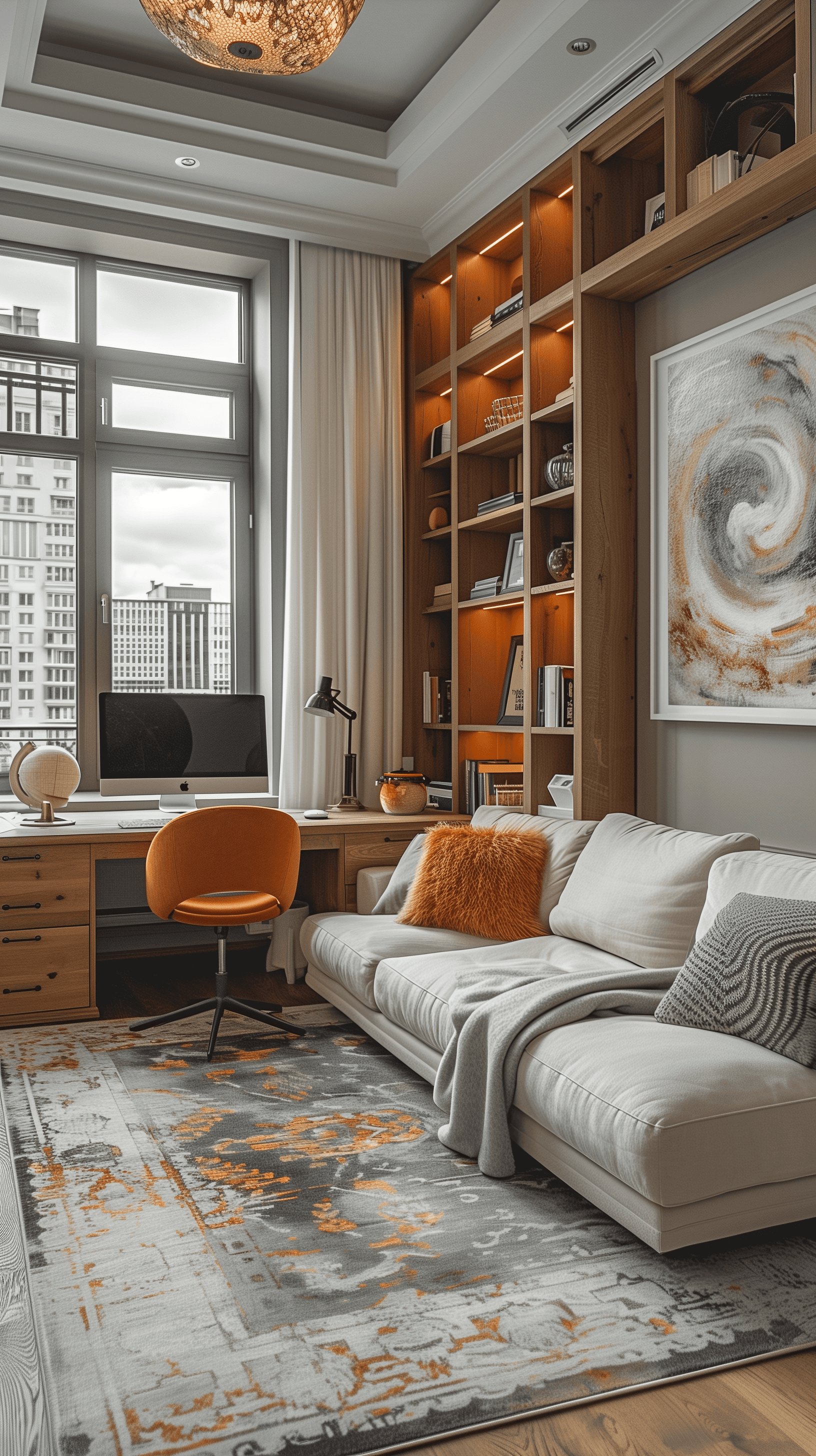 AI generated: photograph, home office, mid-century, cloudy, creating a warm white and inviting atmosphere, such as...