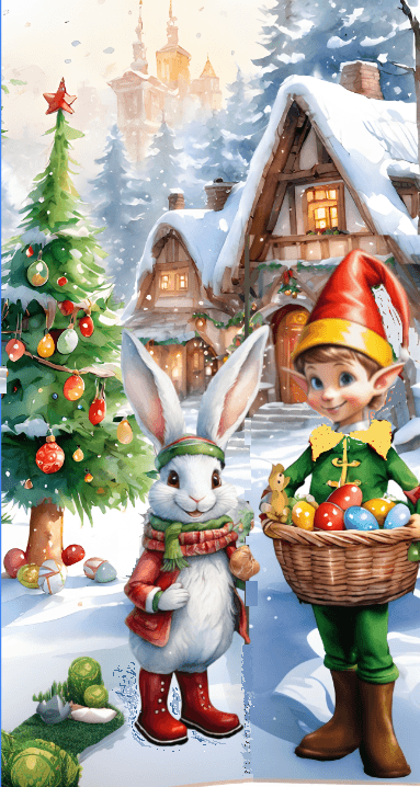 AI generated: Background picture smiling CHRISTMAS Elf, and Easter Bunny, looking ahead, in the christmas forest s...