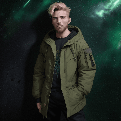 AI generated: (masterpiece),
light hair, undercut hair, green bangs,wear hood, bright green eyes, thin beard, wear...