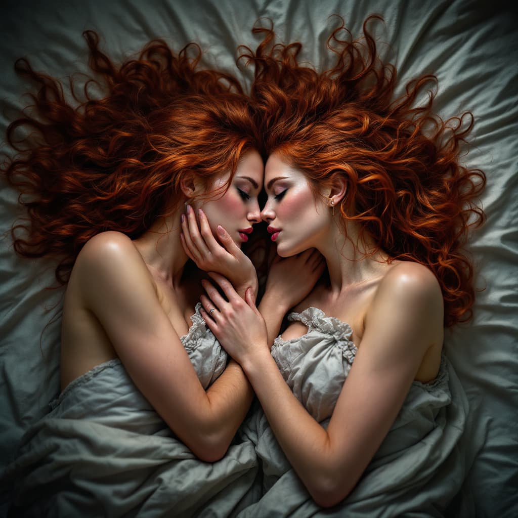 AI generated: a couple of women lying next to each other in a bed, stoya, long curl red hair, touching, kissing, h...