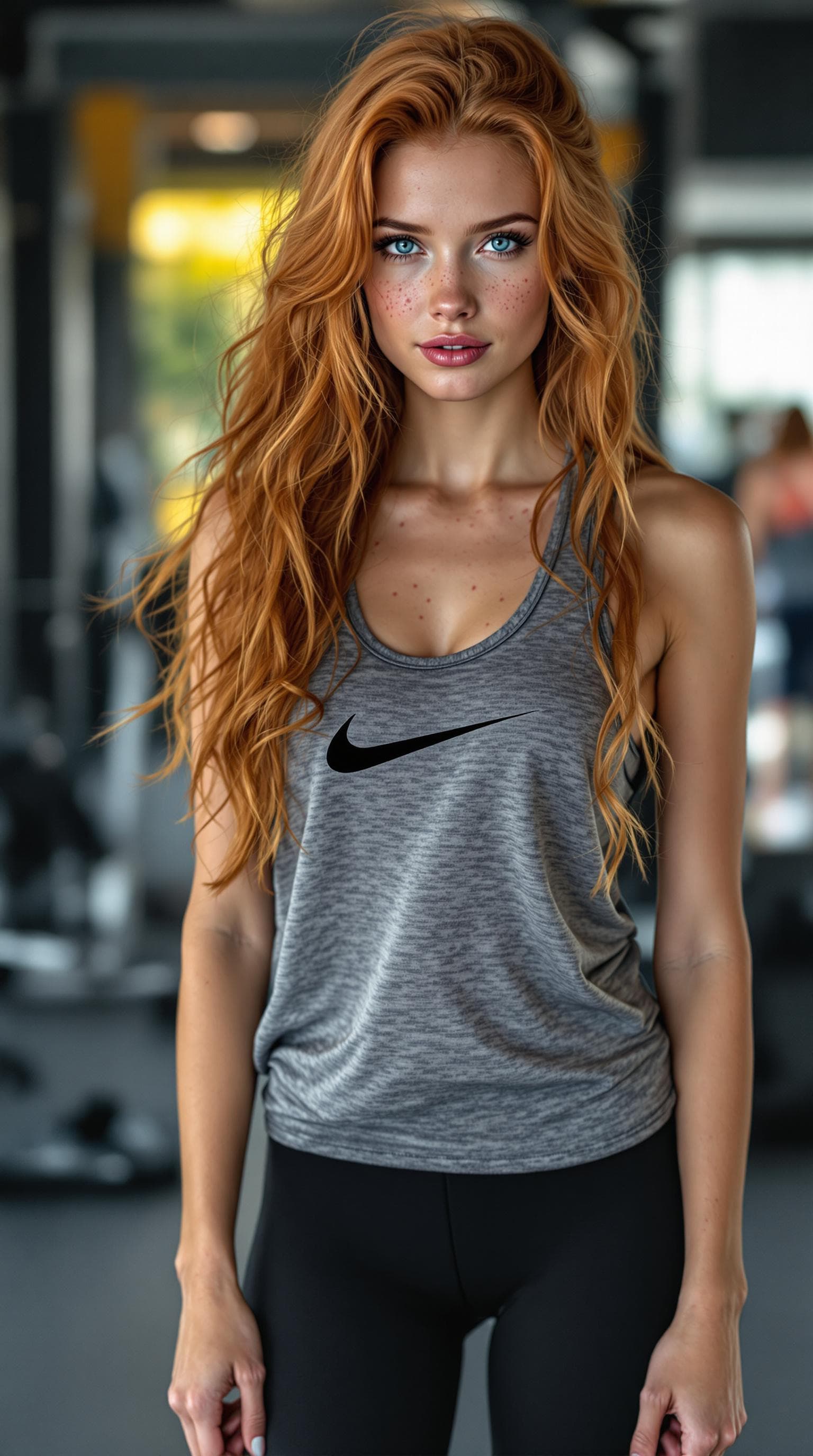 AI generated: a beautiful 27 year old long haired ginger girl with blue eyes, warming up for her gym session with ...