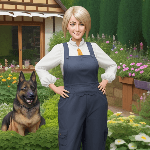 AI generated: Photo of a german shepherd with a smile, and a shopkeeper outfit with cool garden in a background
