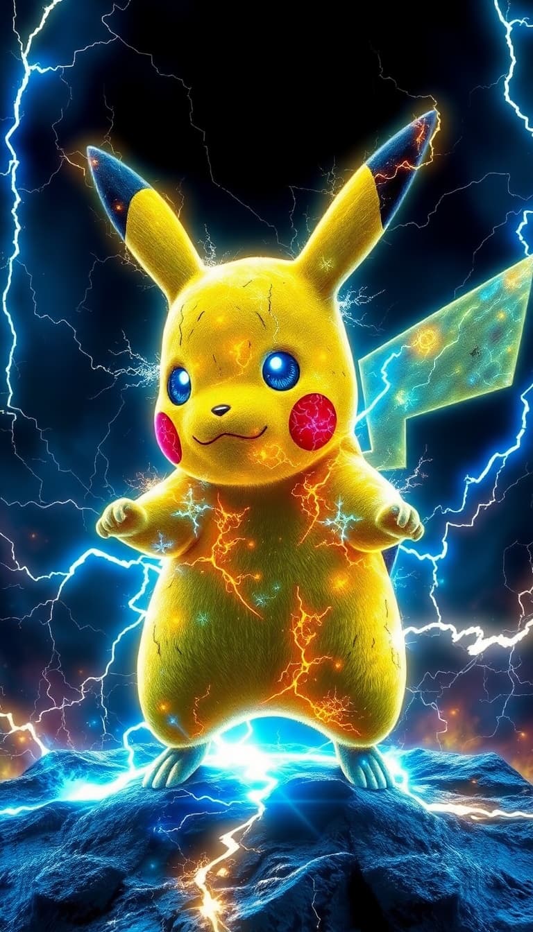 AI generated: Create an awe-inspiring masterpiece depicting a war-torn, godlike Pikachu transcending dimensional b...