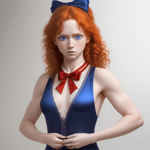AI generated: Hyper realistic, young female silk singlet model , ginger hair, l, medium hair, blue eyes, hair bow,...