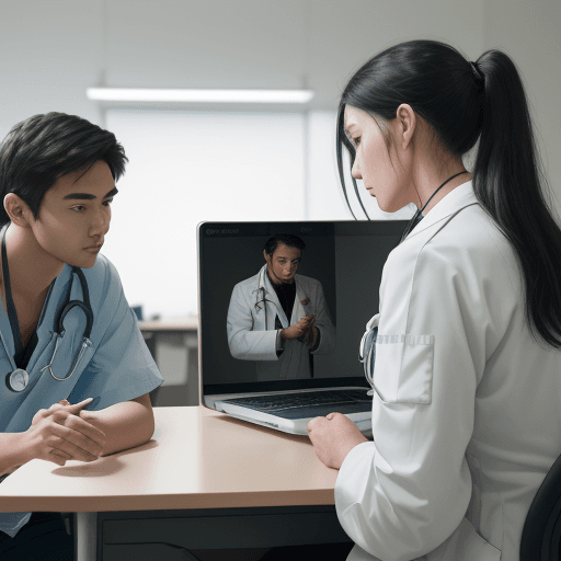 AI generated: photograph of a young physician giving advice to a patient, they are both looking at a screen, we ca...