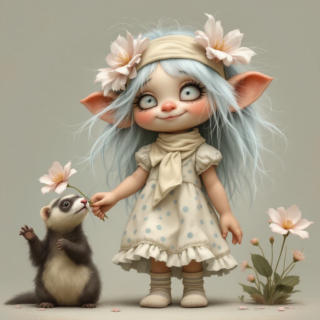 AI generated: A silly little troll girl with long messy pale blue hair, long eyelashes, small nose, cream bandana ...