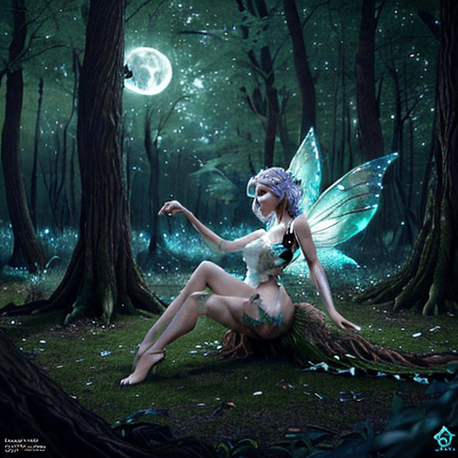 AI generated: Glamorous fairy playing resting by a tree in a forest at night. Breathtaking Fantasycore Artwork By ...