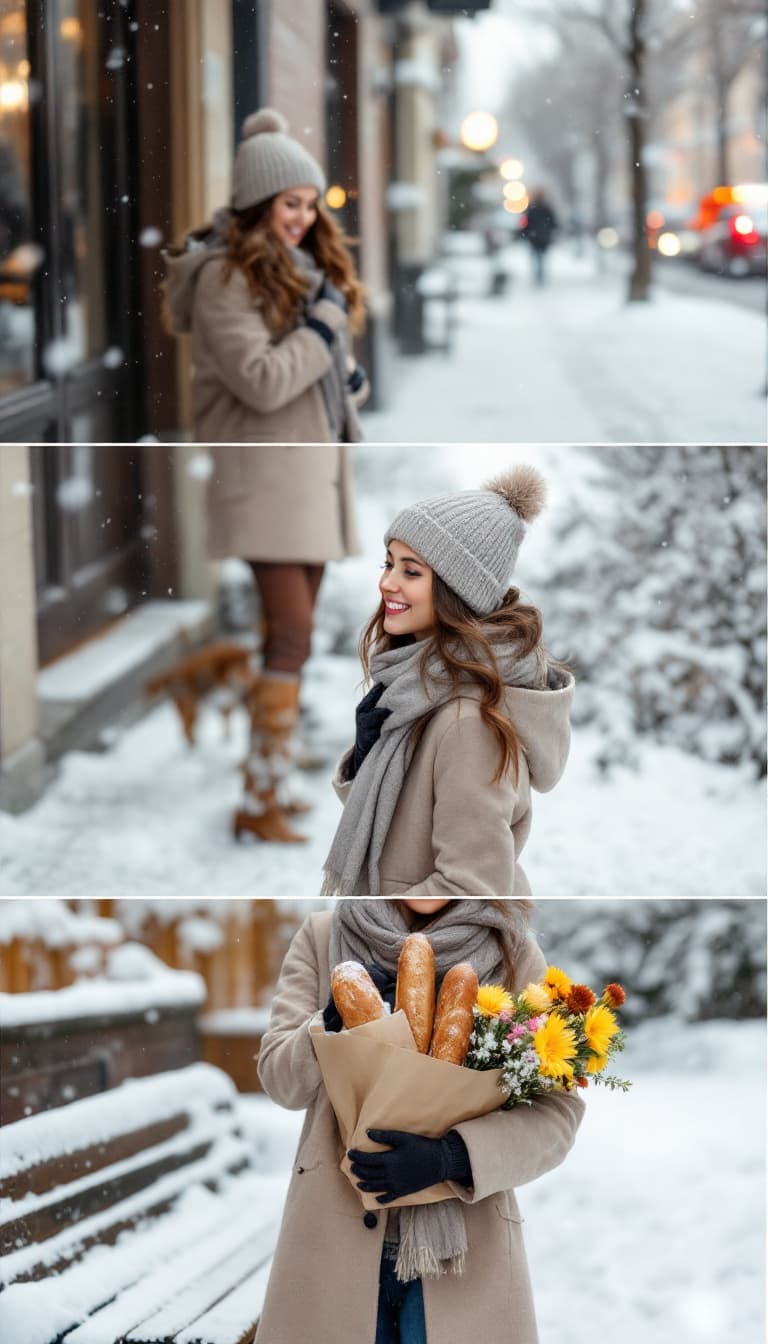 AI generated: She steps outside into the snow-covered street, wearing a beige wool coat, matching gloves, a scarf,...