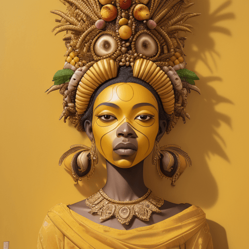 AI generated: a mural of woman on a yellow wall with fruit on her head, in the style of ingrid baars, 32k uhd, ben...