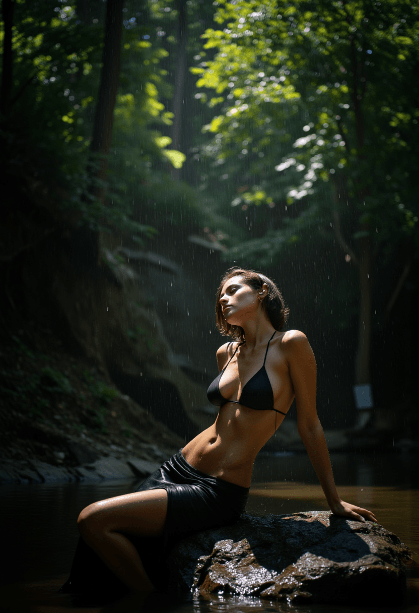 AI generated: Reclining on a rock in the heart of a dimly lit forest, a woman exudes an air of relaxation and sere...