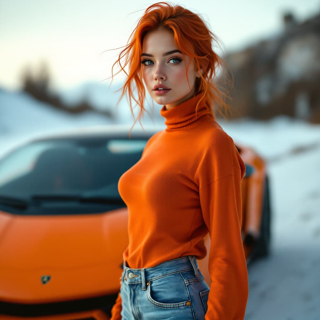 AI generated: A female,gorgeous, orange hair,   orange turtleneck, blue jean,orange car lamborghini in background,...