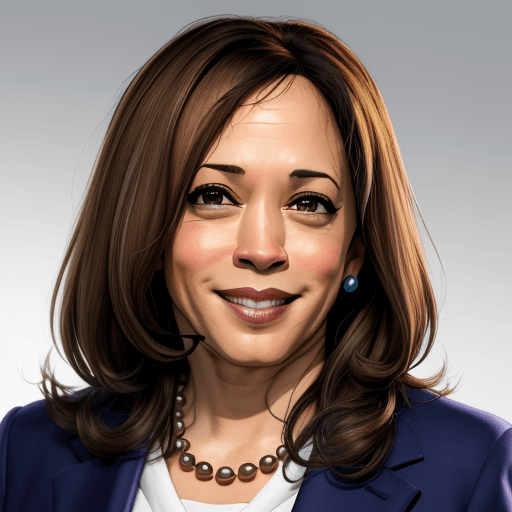 AI generated: cartoon kamala harris headshot, looking into camera, white background, smiling, 4K, wearing a suit

