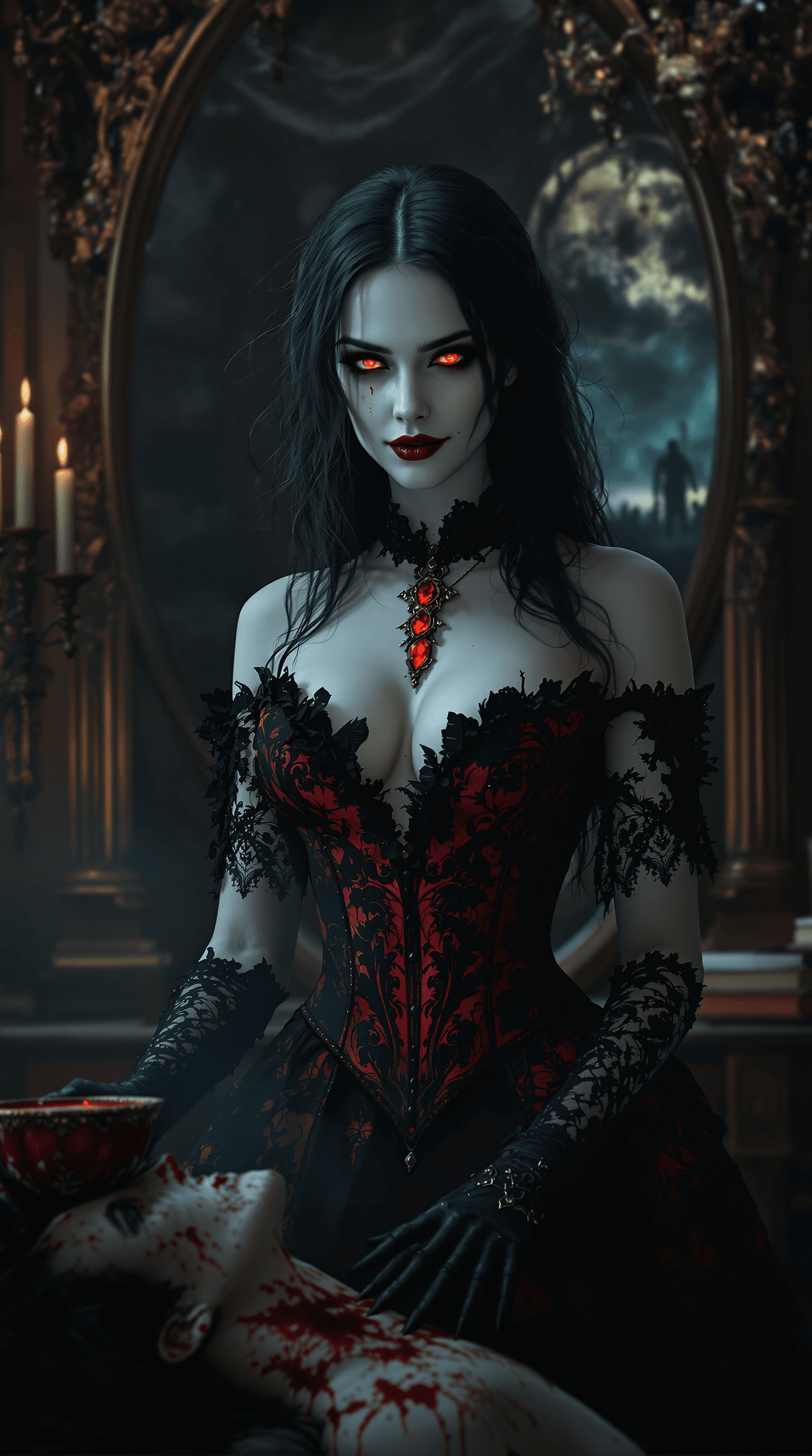 AI generated: A hauntingly beautiful yet terrifying female Victorian vampire, her **ghostly pale skin almost trans...