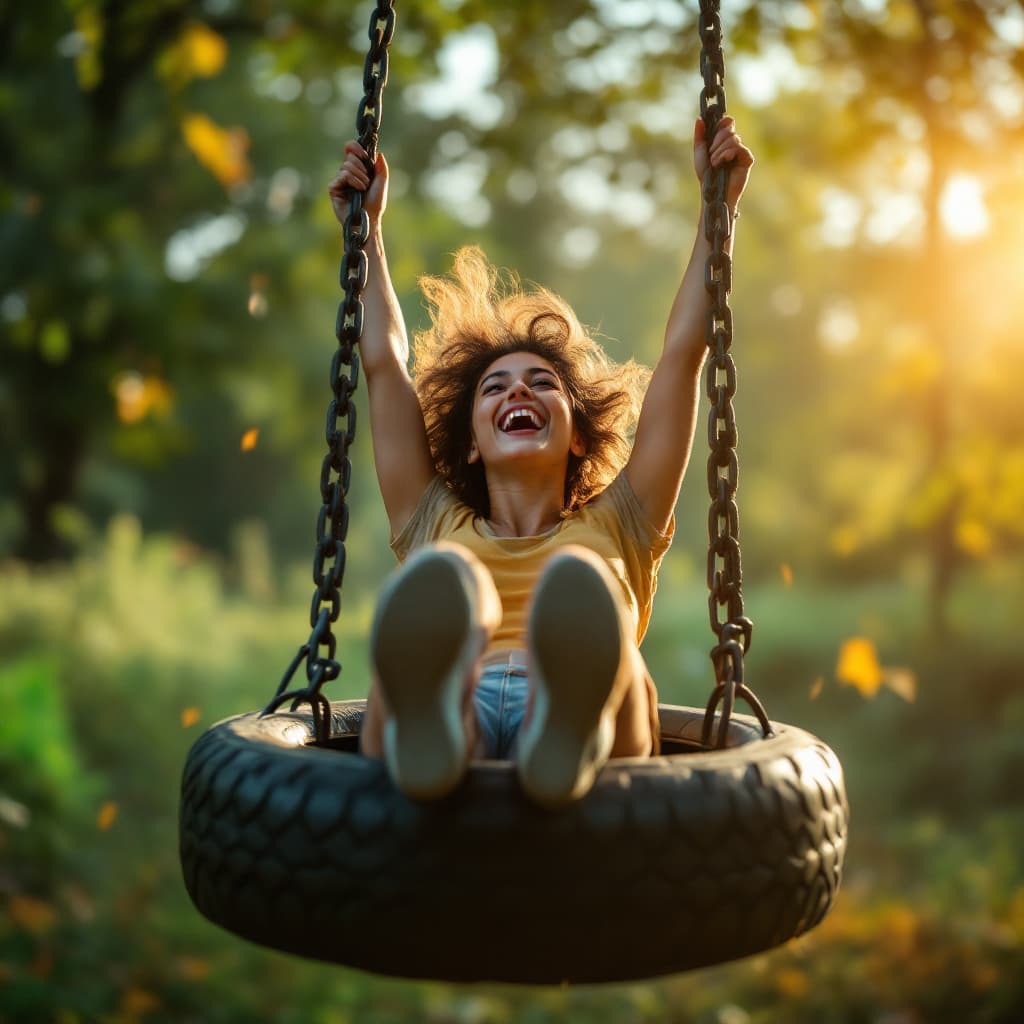 AI generated: An excited beautiful 30 year old female swinging from a tire swing. color graded, 8k HDR, vivid, bri...