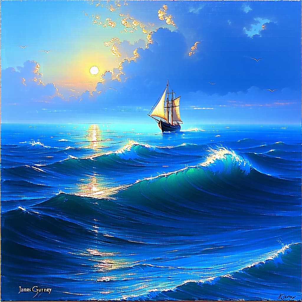 AI generated: oil painting by James Gurney

"A vast blue sea with gentle waves, a ship sailing, and the setting ...