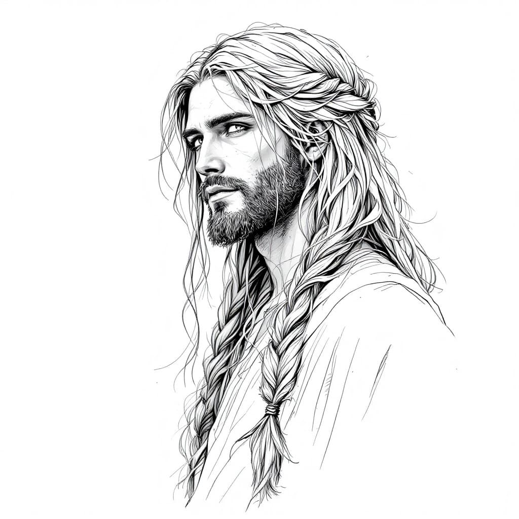 AI generated: black and white drawing of a jesuschrist, feathers in her long blonde braid, looking forward, white ...