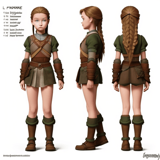 AI generated: Model reference sheet of a Young forrest warrior girl l. Must be in the style on Disney/Pixar.