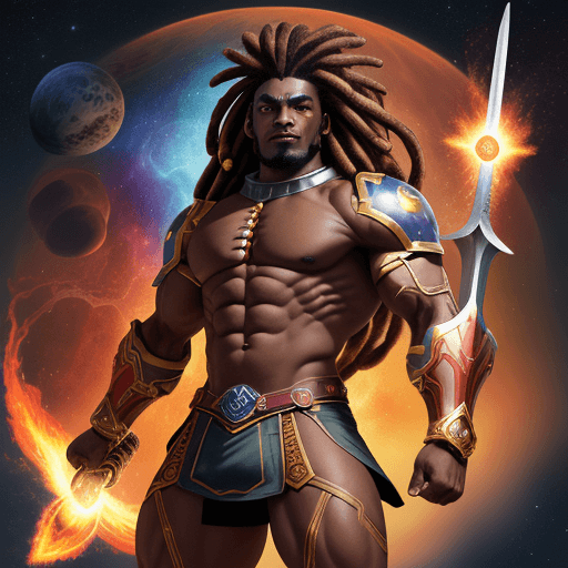 AI generated: Envision a cosmic warrior with brown skin and a muscular build, sporting dreadlocks. In his right ha...