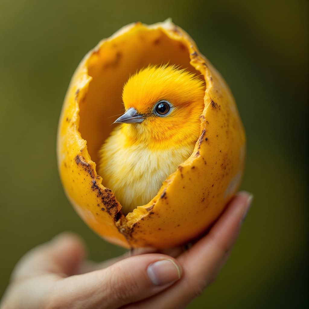 AI generated: Crea una imagen que muestre una encantadora cacatúa ninfa acurrucada dentro de un plátano pelado. La...