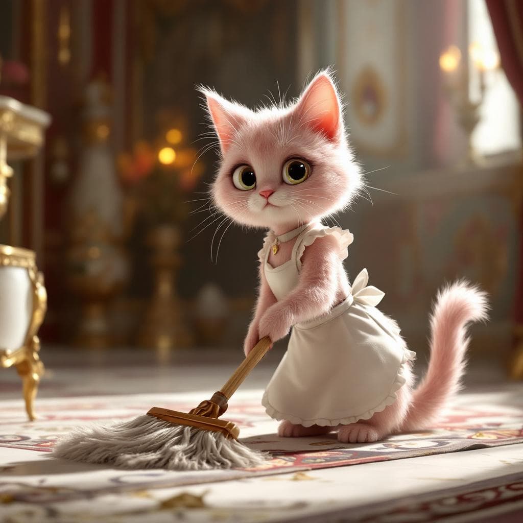 AI generated: “A soft pink female cat wearing a white maid apron, sweeping the floor of a luxurious gold-decorated...