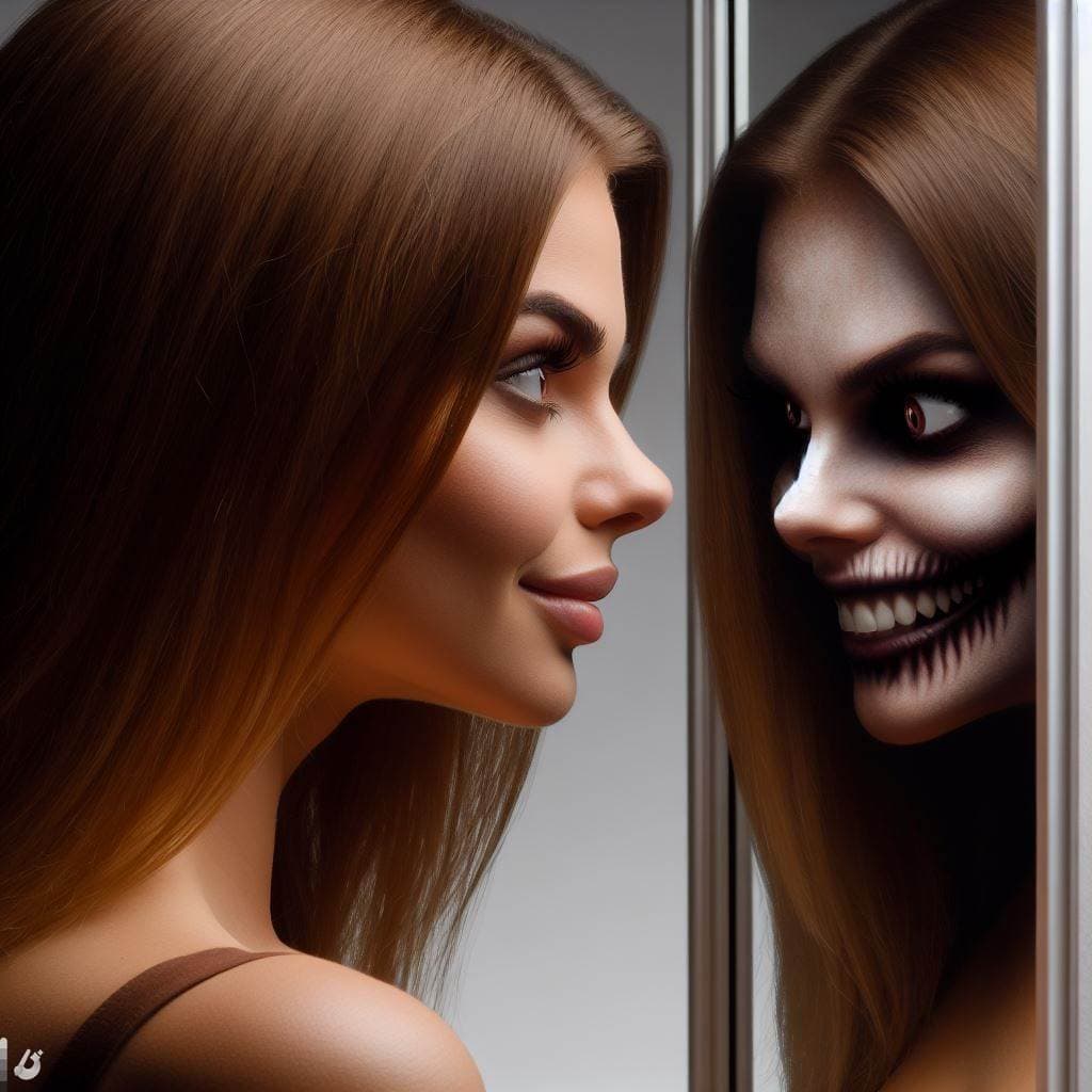 AI generated: side view of a cute, attractive woman staring into a mirror, and the reflection is staring back at h...