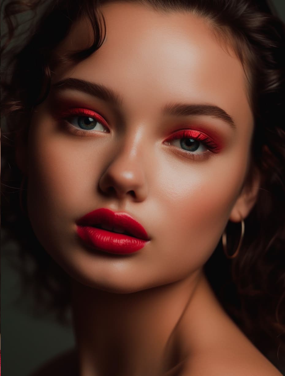 AI generated:  close up of a woman with red lipstick, trending on cg society, portrait sophie mudd, pink and red c...