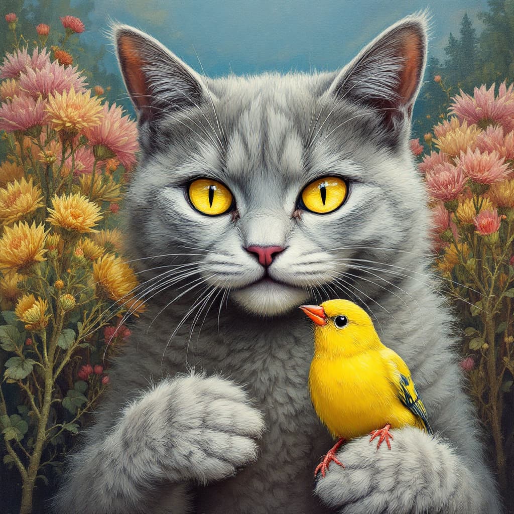 AI generated: grey cat with yellow eyes eating canary, surreal painting in the style of David Mccloud and Wes Ande...