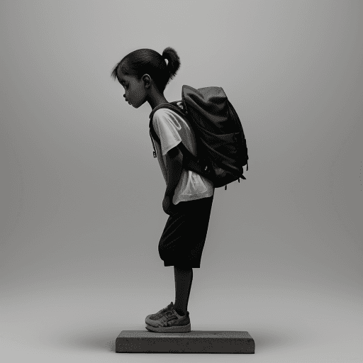 AI generated: a child carrying a backpack, leaning the torso forward to balance the weight and with curvature in t...