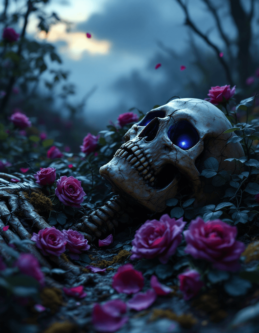 AI generated: A decaying skeleton lying peacefully in the earth, partially covered in lush, blooming roses and ove...