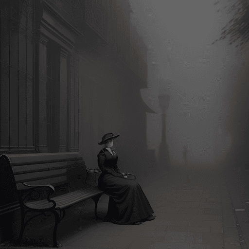 AI generated: a foggy, dark, gas lit, evening in an alleyway in the park showing a woman sitting at a park bench d...