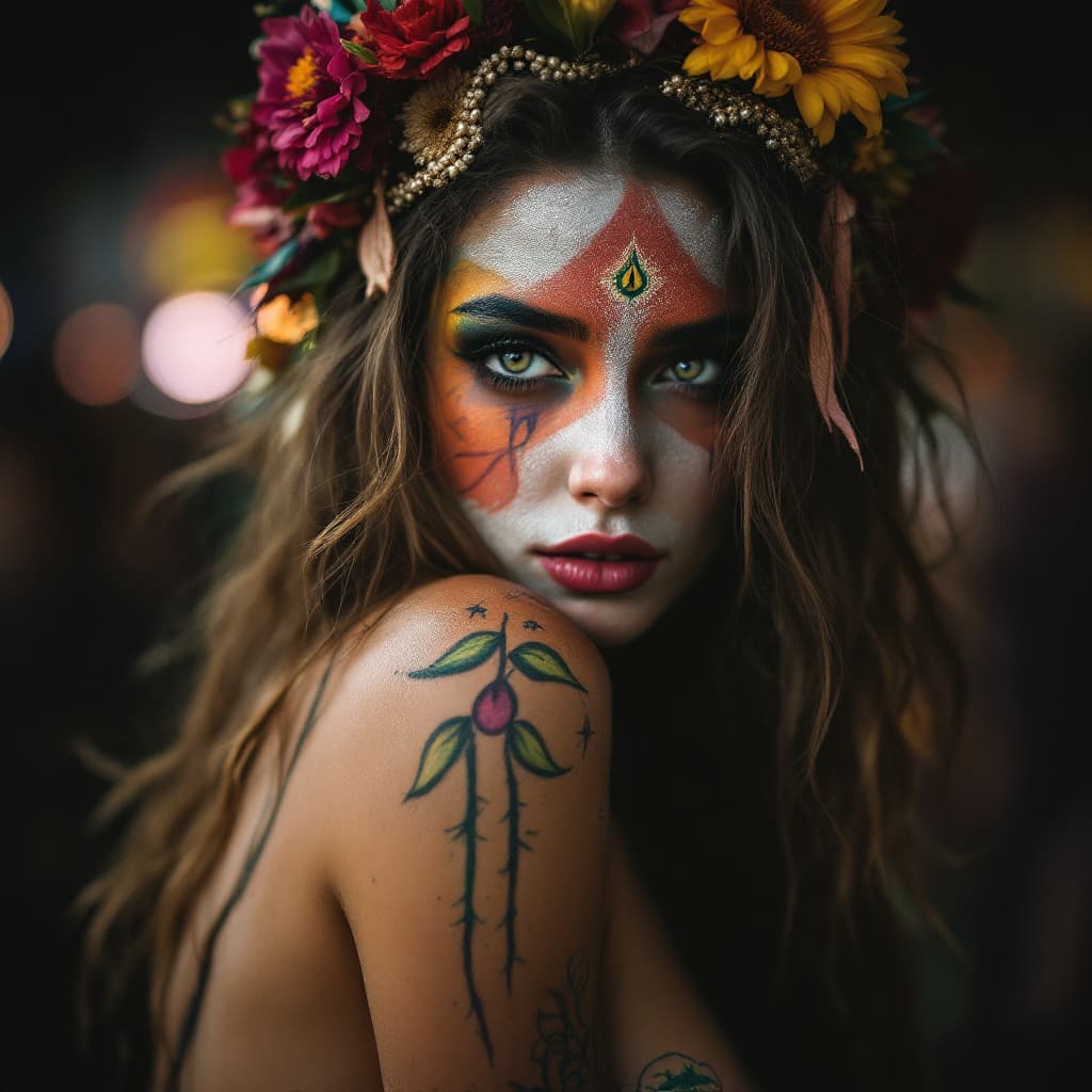 AI generated: Nude female Hippie, bodypainted in Woodstock 