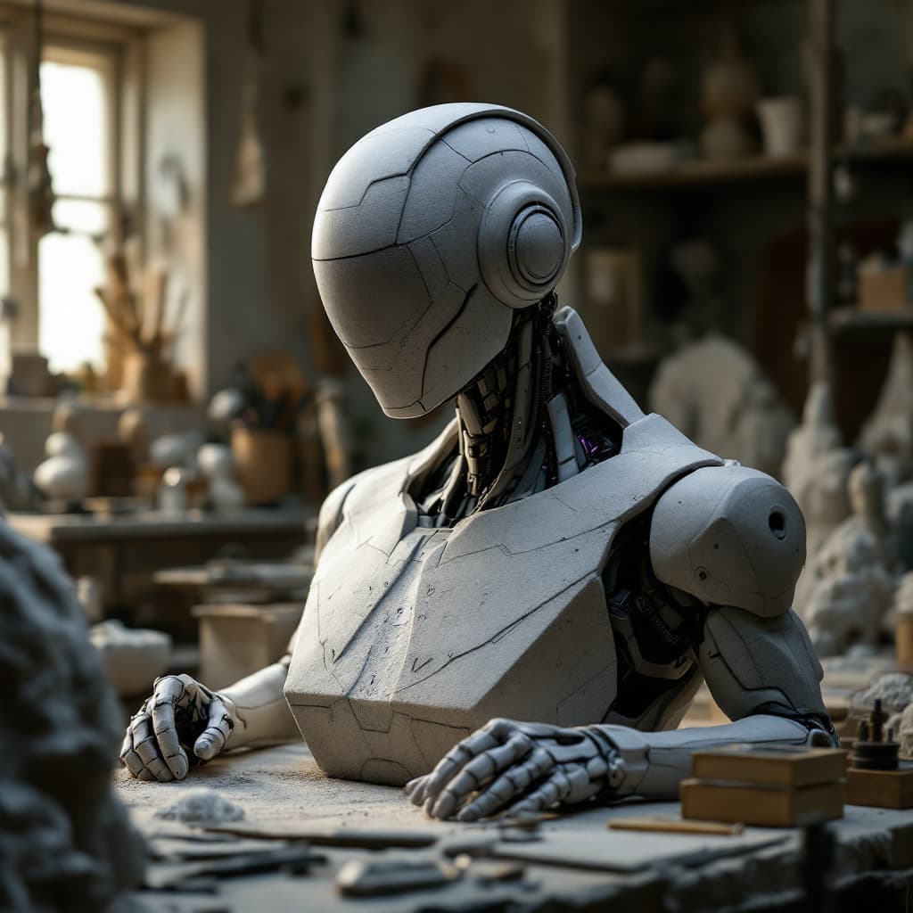 AI generated: A highly detailed cinematic shot capturing a human sculptor, skillfully carving a stone and revealin...