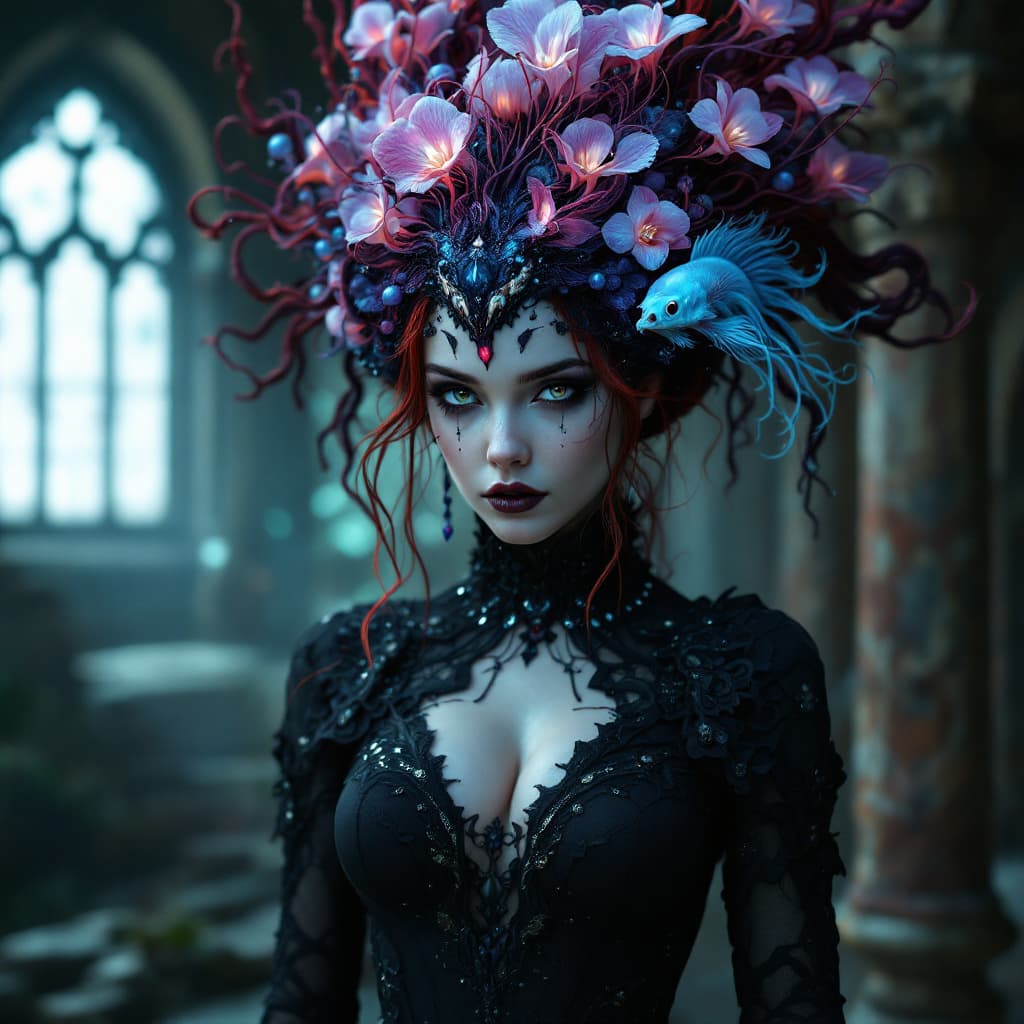 AI generated: Goddess close-up portrait ribcagel. jellyfish phoenix head, nautilus, orchid, skull, betta fish, bio...