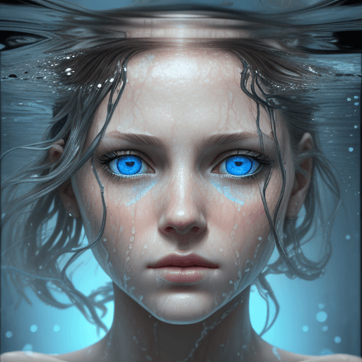 AI generated: the face of woman with beautiful blue eyes, in water, in the style of dystopian realism, realistic p...