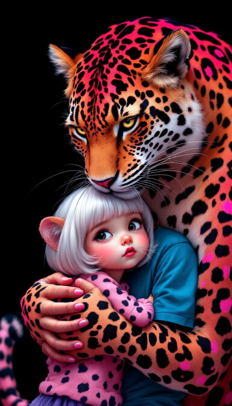 AI generated: whimsical cartoon of Disney,a rose-red leopard, pink and black, romantic comic, surreal animal illus...