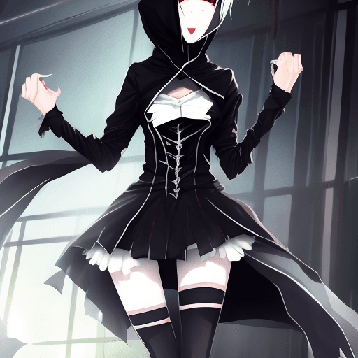 AI generated: Full body potrait, 1 girl, slim, thin, anime girl, adult, masked with hood scary creepy assassin wea...