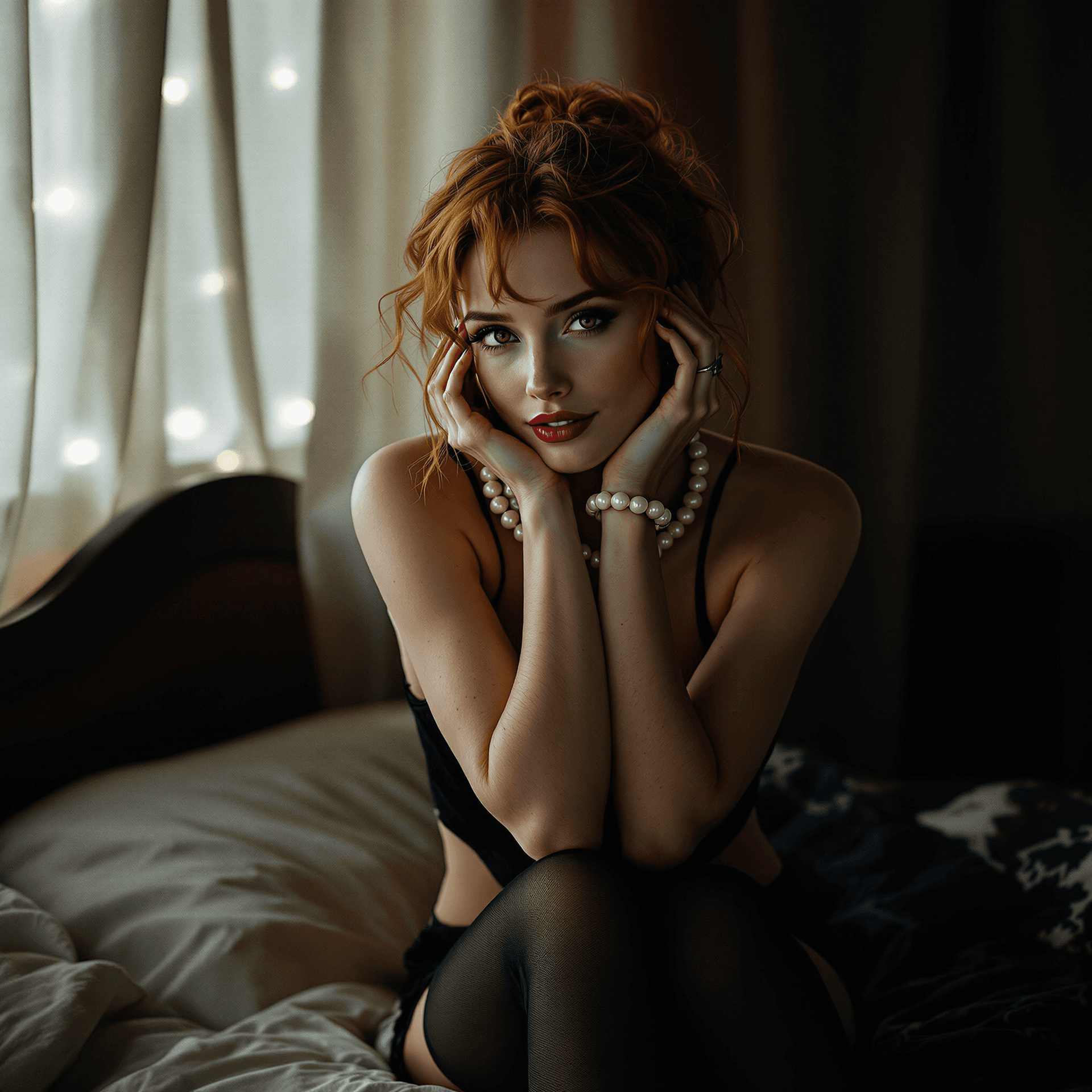 AI generated: High-resolution night photograph of a slender, 40-year-old redheaded European woman, her presence ex...