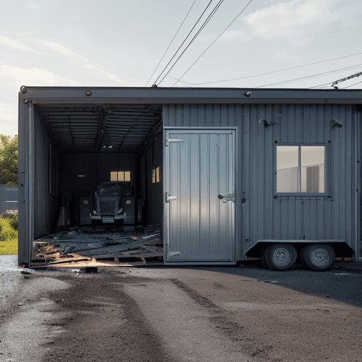 AI generated: a crash of a trailer against a guardhouse in an industrial area.  The style should be contemporary a...
