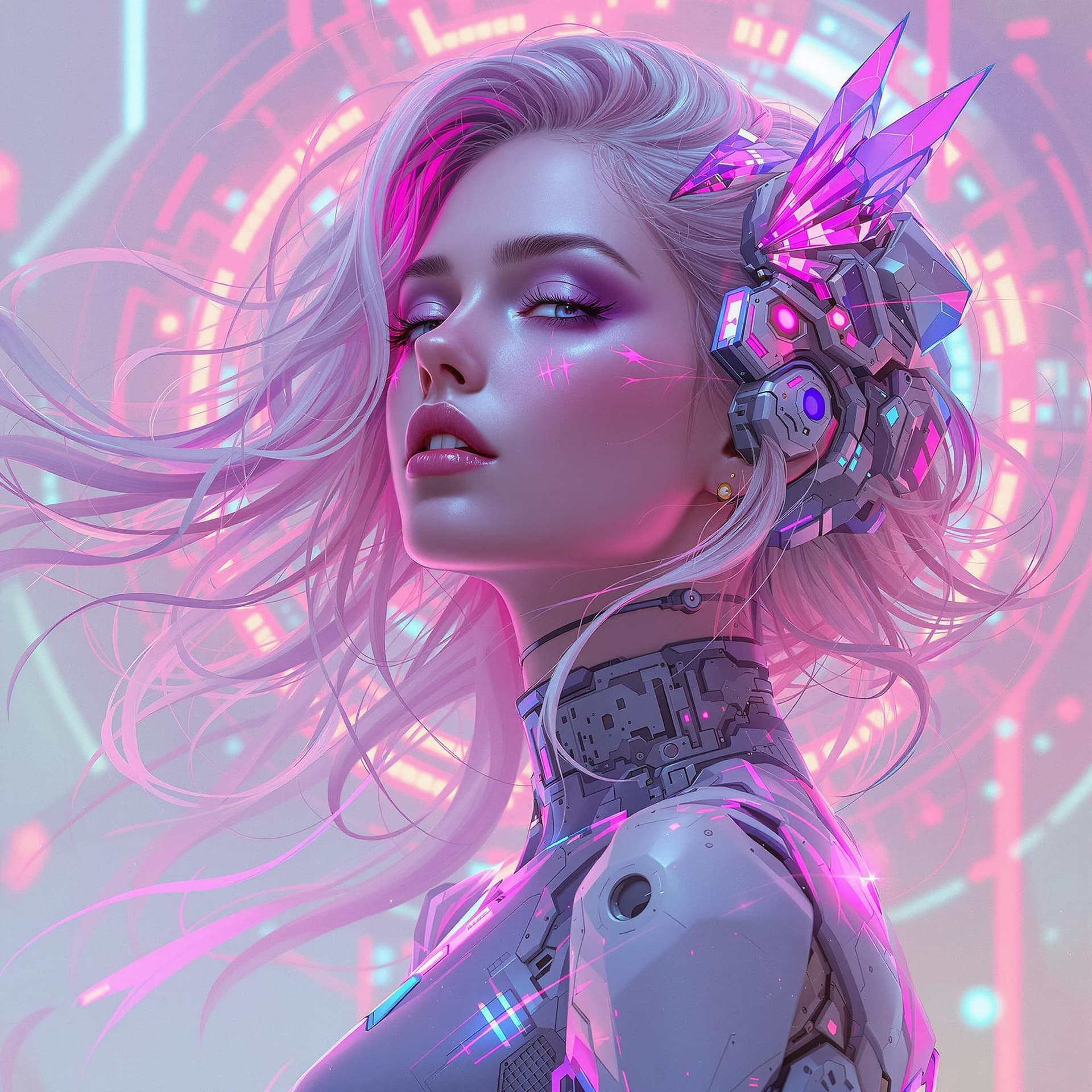 AI generated: beautiful, young woman, cybernetic, cyberpunk, detailed gorgeous face, flowing hair, vaporwave aesth...