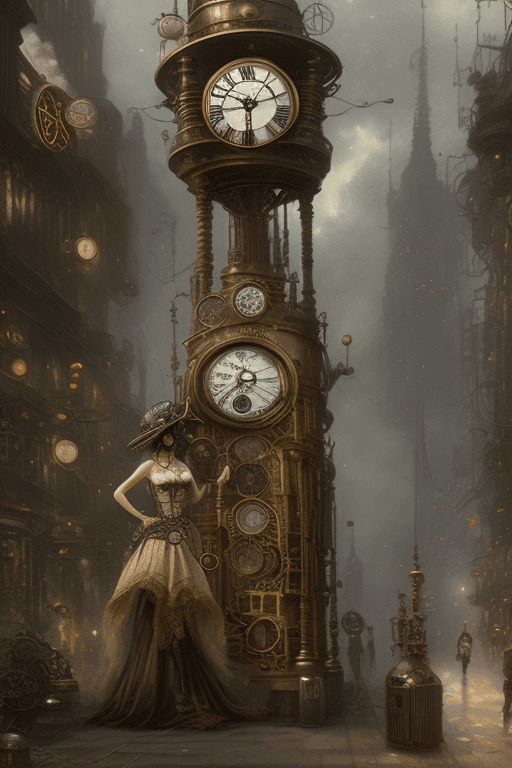 AI generated: time machine, haze, a woman in a steampunk outfit and a helmet on her head stands out of the time ma...