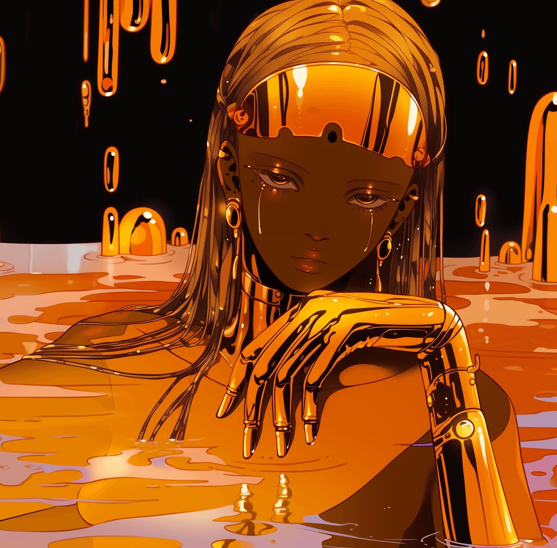 AI generated: this image contains a 1980s close up shot illustration of a futuristic woman sitting in water, in th...