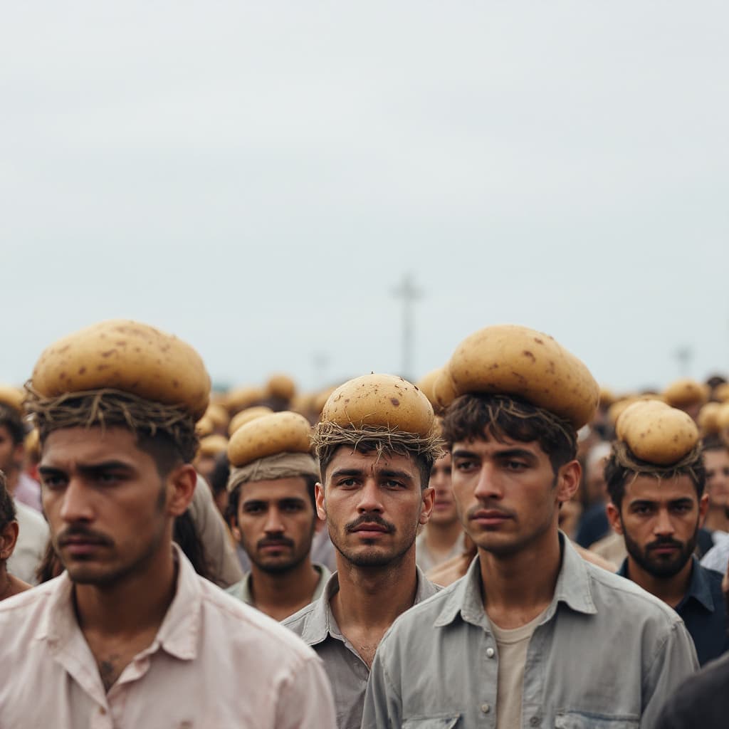 AI generated: A crowd of people with potatoes on their heads.