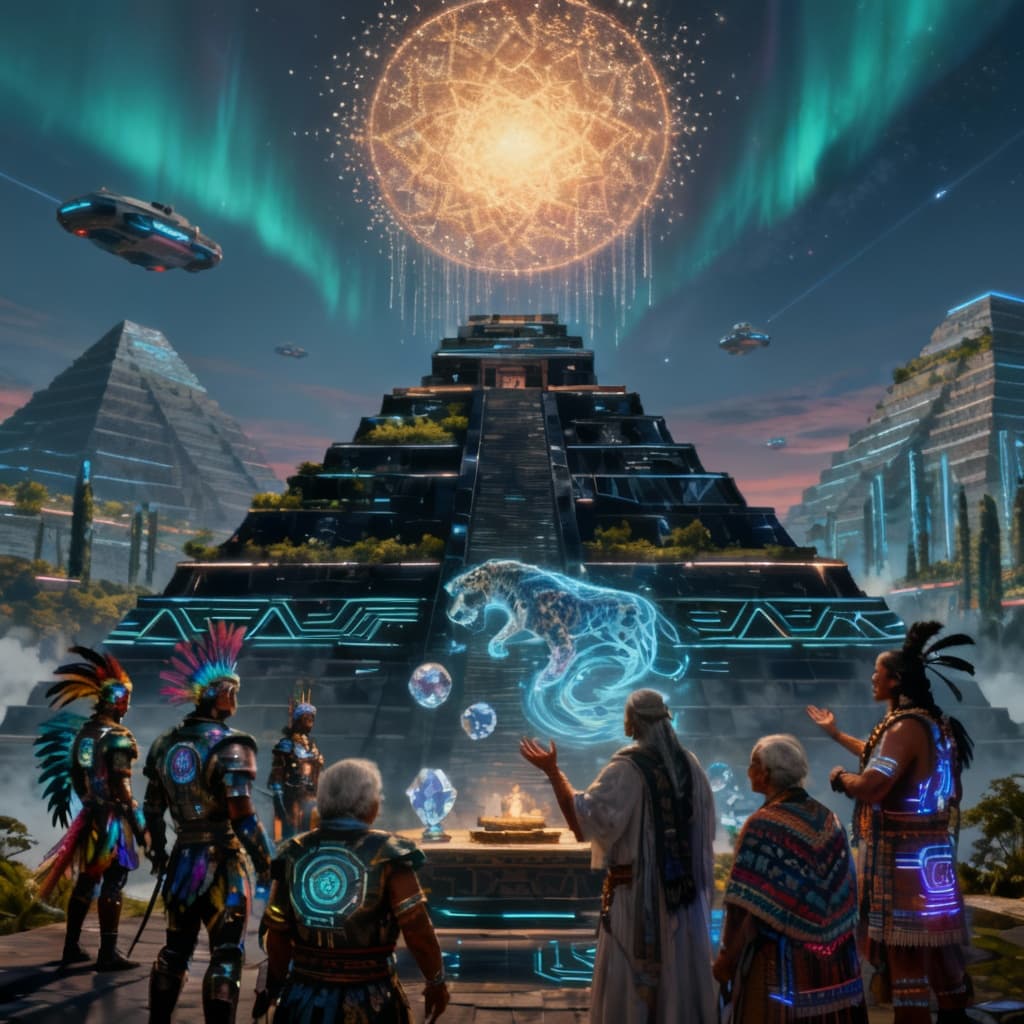 AI generated: An ultra-futuristic Mesoamerican tribe gathered atop a terraced pyramid structure fused with sleek, ...