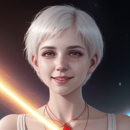 AI generated: a full photo of beatiful woman, white short hair, A stain on the upper lip, smiling, long red neckla...