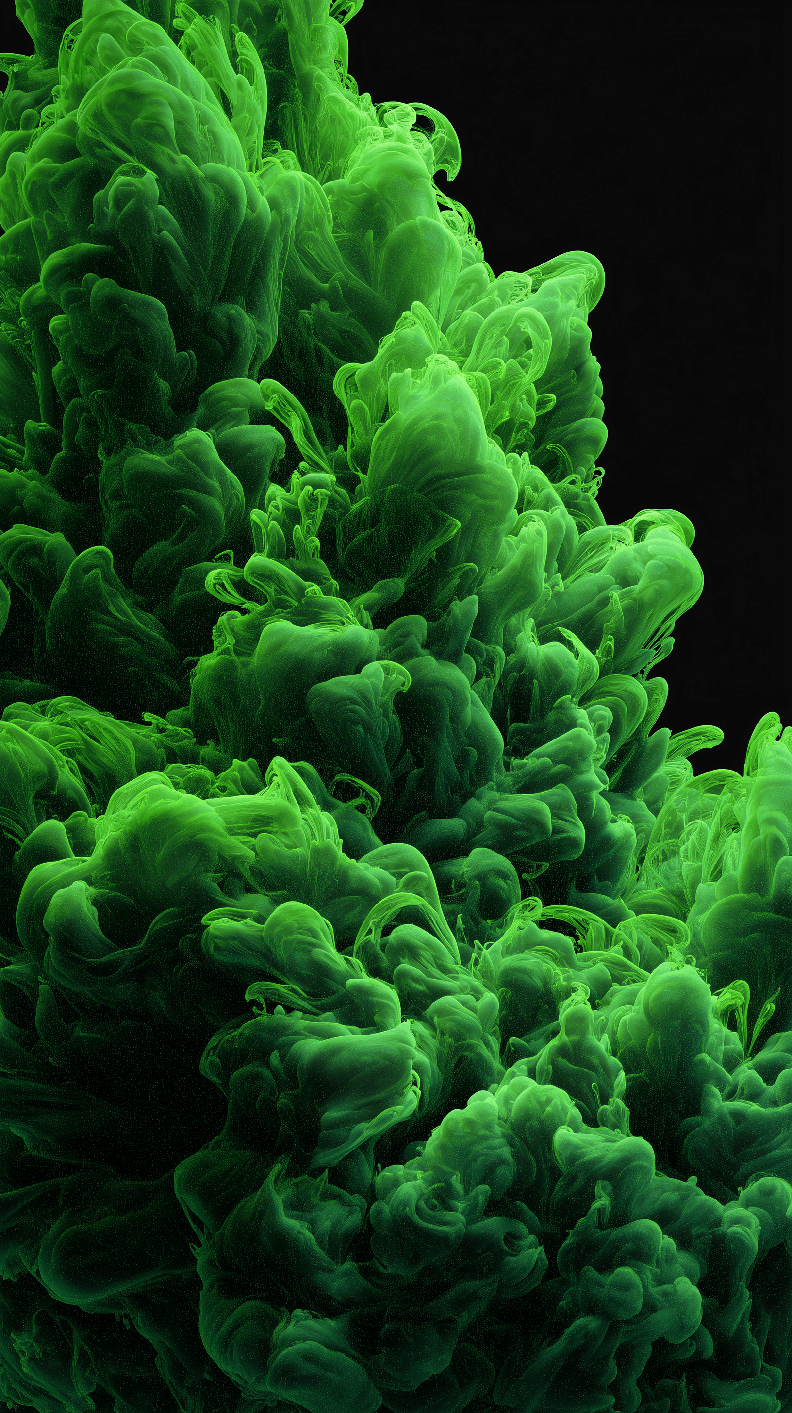 AI generated: micro texture motion, neon green ink in water filaments, camera locked static parallax, uniform soft...