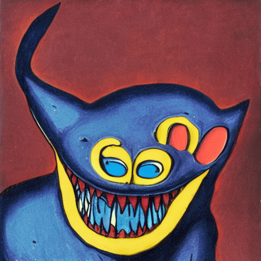 AI generated: A blue cat with yellow eyes and glowing teeth, in the style of David Wiesner, John Brack, Robert Rau...