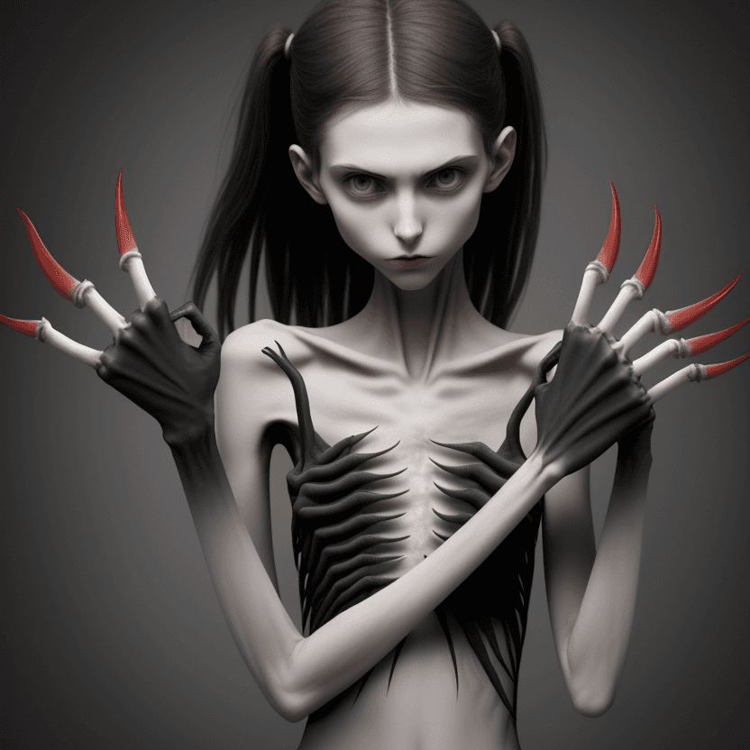 AI generated:  woman's arms with hands with black long curved claws (almost claws) of skinny anorexic girl